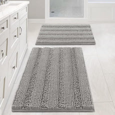 Non Slip Thick Shaggy Chenille Bathroom Rug Mat Set Extra Soft and Absorbent Striped Floor Rugs, 2 Piece, Machine-Washable
