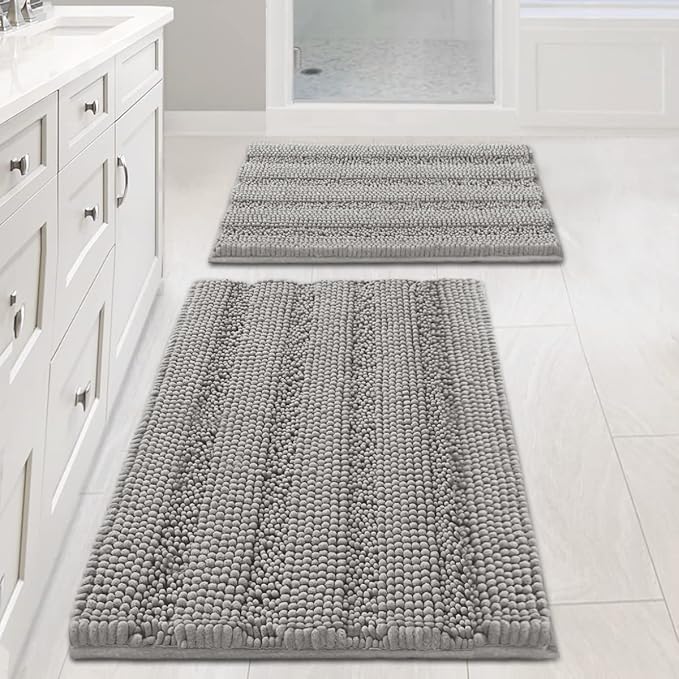 Non Slip Thick Shaggy Chenille Bathroom Rug Mat Set Extra Soft and Absorbent Striped Floor Rugs, 2 Piece, Machine-Washable