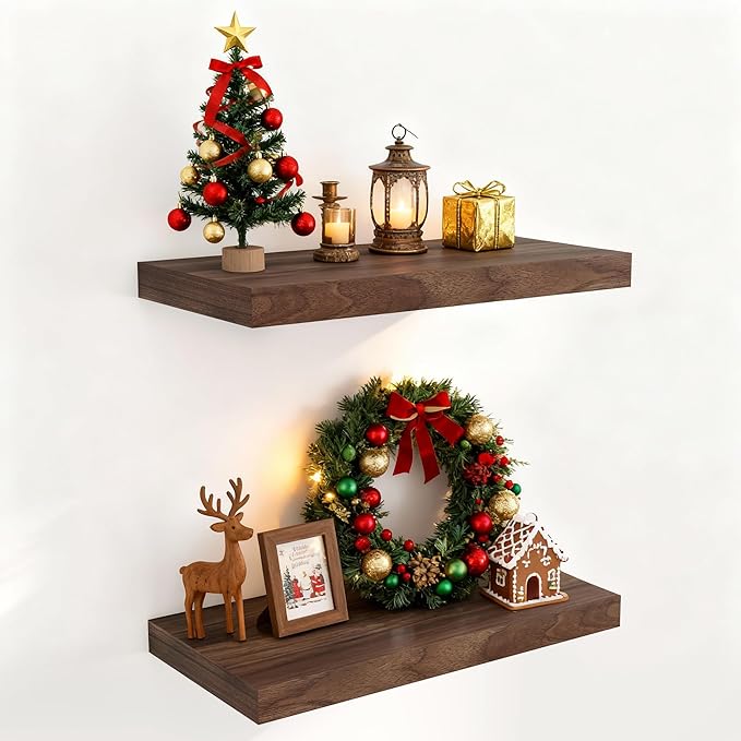 Floating Shelves 16 Inch Long, Wall-Mounted Bathroom Shelves Set of 2, 9.3 Inch Deep Shelf for Home Storage & Display, Wooden Deep Wall Shelves for Bedroom, Living Room, Kitchen, Walnut Color