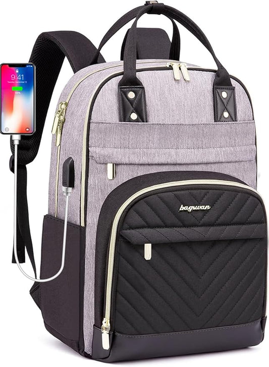 Laptop Backpack for Women Work Bag: College Backpacks 17.3 Inch with USB Charger School Book Bag Travel Computer Back Pack Casual Bookbags for Girls Teacher Black Grey