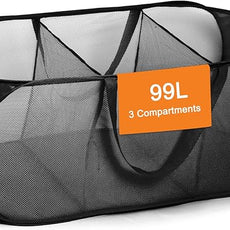 Foldable Laundry Baskets, Collapsible Mesh Laundry Hamper, Durable Pop Up Laundry Basket, 3 Compartments Clothes Hampers for Laundry, Easy to Carry & Sort for Dorm, Home, Kids Room, Travel Black