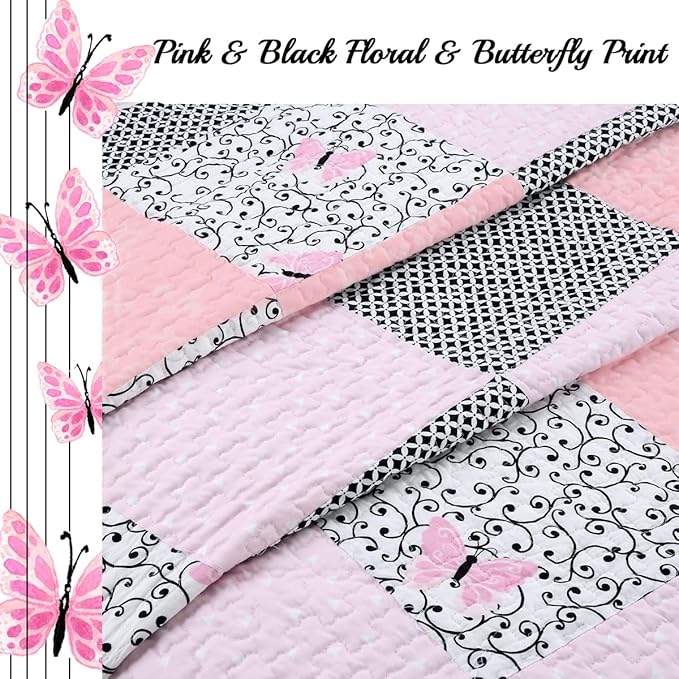 Cozy Line Home Fashions 100% Cotton Real Patchwork Floral Butterfly Shabby Chic Girly Reversible Quilt Bedding Set, Coverlet Bedspread (Black Pink, Queen - 3 Piece)