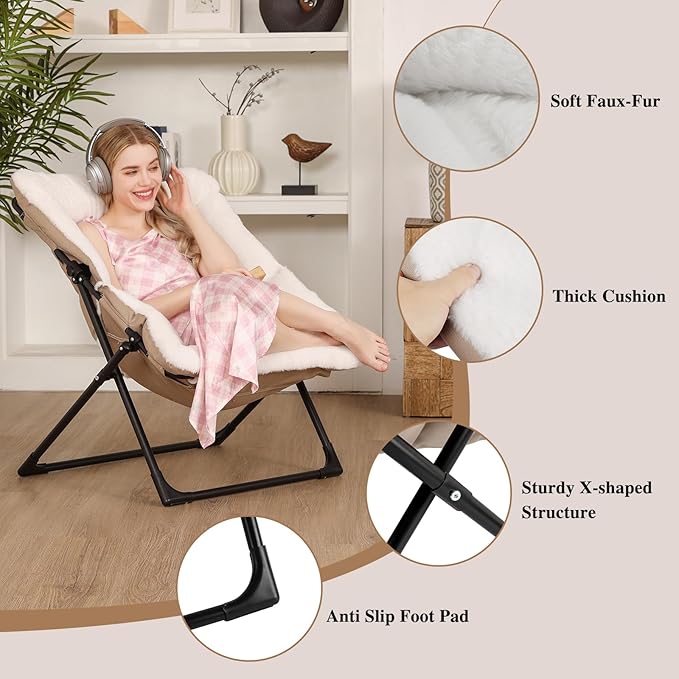 Comfy Saucer Chair for Adults, Soft Faux Fur Bedroom Chair, Accent Dorm Chairs, Flexible Living Room Reading Chairs, Oversized Folding Lounge Seat for Teens, X-Large, White