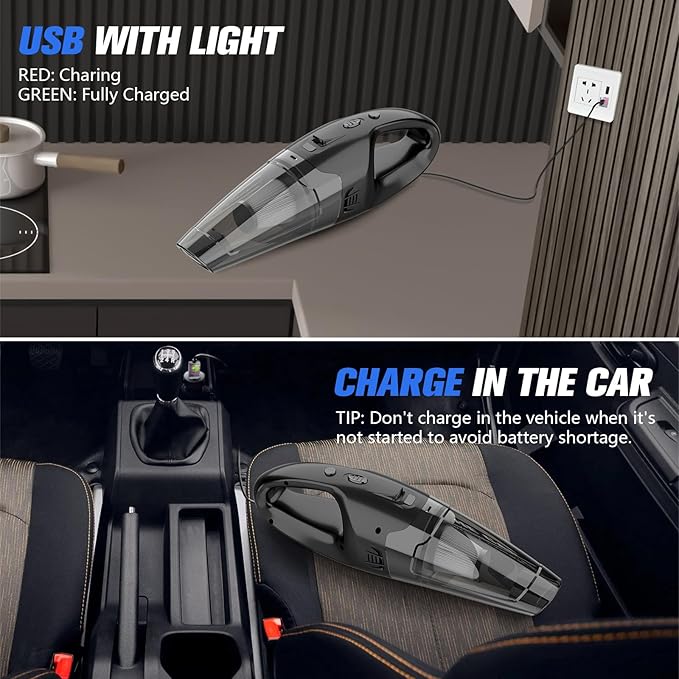 Handheld Vacuum Cordless Rechargeable 3-in-1, Car Vacuum Portable Cordless with USB Charge, Handheld Vacuum with LED Light, HEPA Filter, 1.65LBs Lightweight Vacuum Cleaner for Dust, Pet Hair