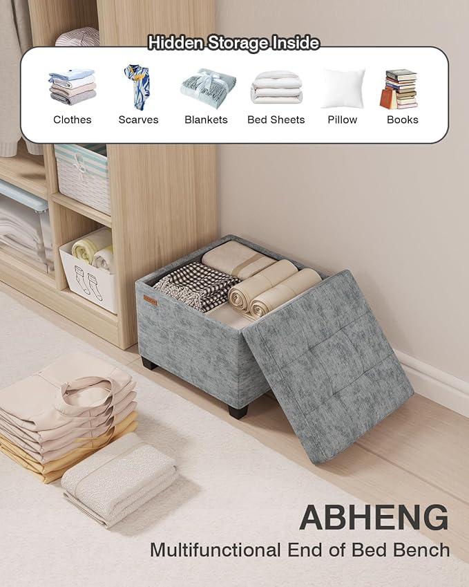 17.7 inches Chenille turfed Ottomans Cube with Storage, Metal-Framed Square Storage Ottoman Foot Rest Stool Holds 770 LB for Dorm Living Room Bedroom Gray UASN641G