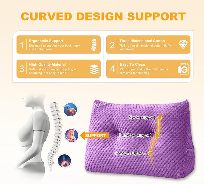 Large Triangular Headboard Wedge Pillow Soft and Supportive Headboard Backrest Positioning Support Bolster Cushion, Bed Wedge Pillow with Removable Cover(Purple,Dorm,24x8x20inch)