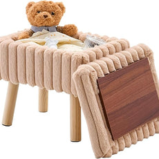 Wimarsbon Storage Ottoman,Soft Faux Fur Footstool with Padded Seat, Small Reading Vanity Chair, Footrest with Wood Tray for Couch, Mini Coffee Table or Display Stand (Beige, Rectangular Storage)