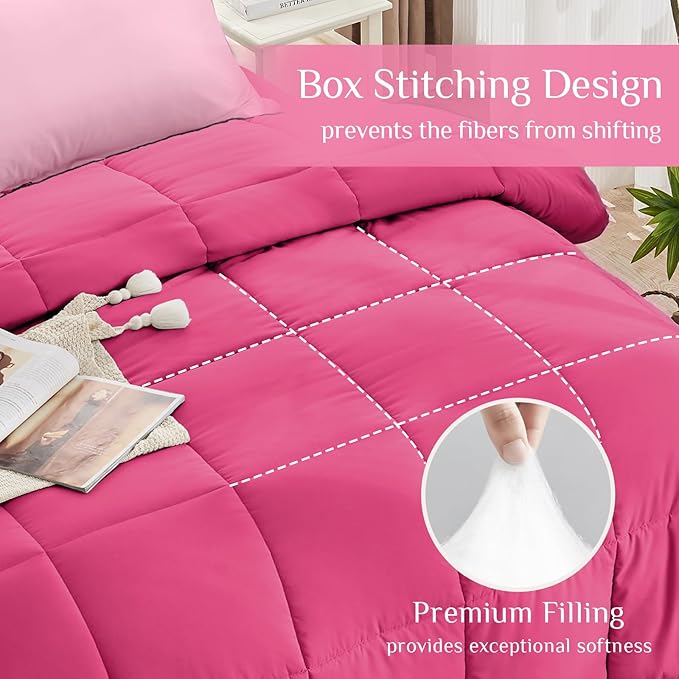 JOLLYVOGUE Twin XL Comforter Set, Ultra-Soft Bed in a Bag Twin XL Size 5 Pieces, Oeko-TEX Certified Bedding Set with Down Alternative Comforter, Sheets, Pillowcases & Shams, Hot Pink & Baby Pink