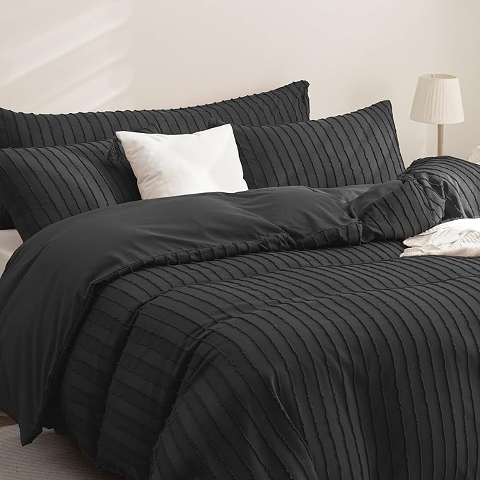 JELLYMONI Duvet Cover Twin Size Black - 3PCS Boho Striped Duvet Cover Set Polyester Tufted Bohemian Textured Comforter Cover 68×90in with Corner Ties & Zipper and 2 Pillowcases