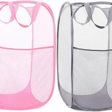 Durable Collapsible Laundry Baskets - Reinforced Mesh Pop Up Laundry Hamper with Pocket, Foldable Dirty Clothes Hamper with Carry Handles for Laundry, Bathroom, Kids Room, Dorm or Travel Pink+Grey