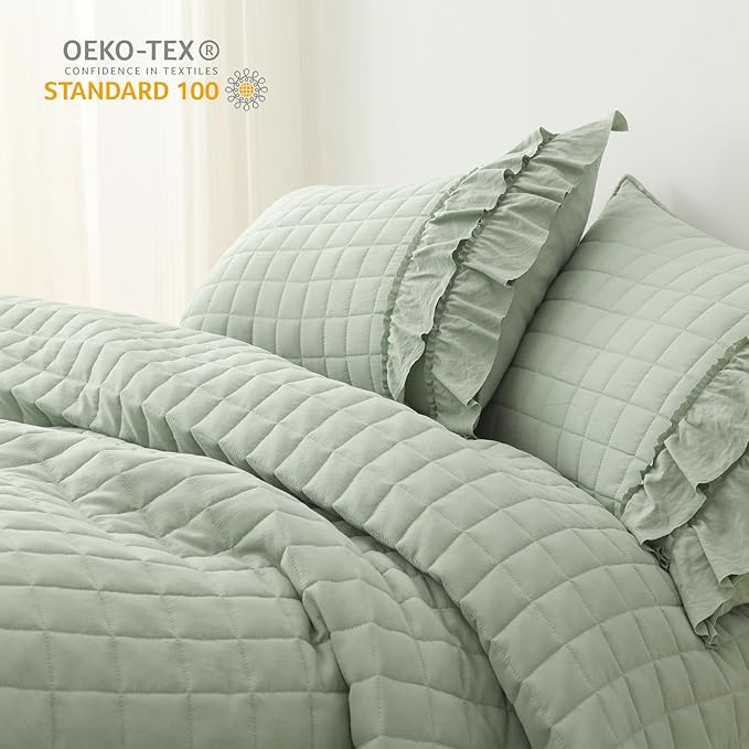 HORIMOTE HOME Asakusa Green Ruffled Quilt Set Twin Size, Geometric Square Stitched Pattern, Pre-Washed Farmhouse Shabby Chic Microfiber Lightweight Bedding Set Bedspread Coverlet for All Season