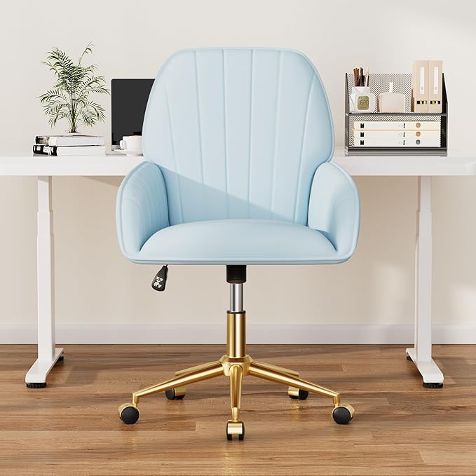 Home Office Desk Chair Comfy with Adjustable Swivel Wheels, Modern Velvet Makeup Vanity Chair with Back & Pillow, Ergonomic Office Chair Computer Task Chair for Living Room, Bedroom, Blue