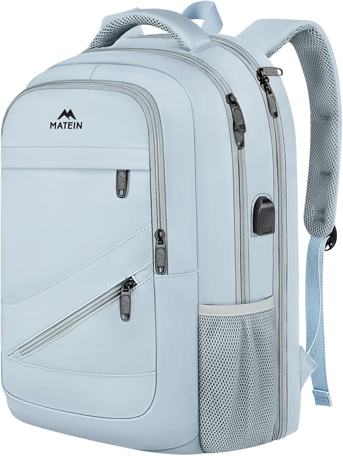 MATEIN Laptop Backpack 17 Inch, Womens Large Work Commute Backpack with USB Charging Port, Water Resistant Anti Theft Computer Bag for Students, Travel Daypack with Luggage Strap, Haze Blue