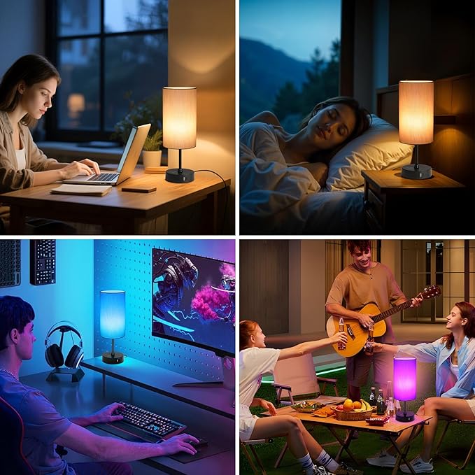 Unicozin Table Lamp for Bedroom, 3 Color Temperatures, 7 RGB Colors, Adjustable Brightness, Dual USB Charging Ports, Ambience Nightstand Light with Grey Shade, Desk Lamp for Kids Reading Home Office