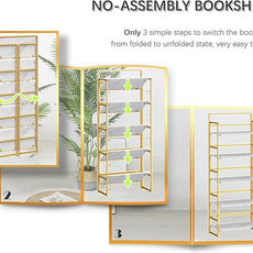 4NM No Assembly 5 Tiers Folding Bookshelf Storage Shelves Vintage Bookcase Standing Racks Study Organizer Home Office (White Gold)