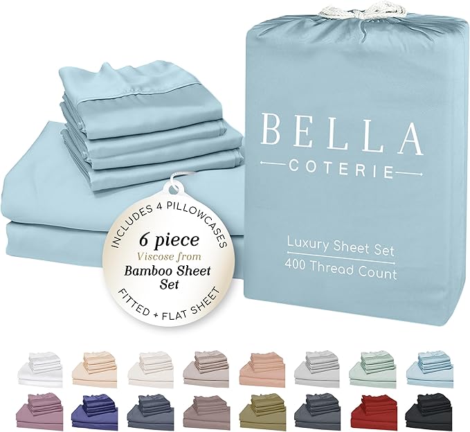 Bella Coterie 6 Piece Luxury Bamboo Viscose King Size Sheet Set | 100% Organically Grown | Cooling for Hot Sleepers | 18" Deep Pocket | Soft & Hypoallergenic | 4 Pillowcases [Coastal Blue]