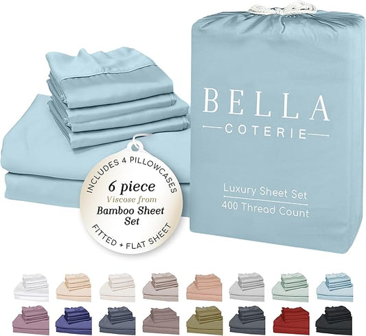 Bella Coterie 6 Piece Luxury Bamboo Viscose Split Top King Size Sheet Set | 34" Split for Adjustable Beds | 100% Organically Grown| Cooling | 18” Deep Pocket | 4 Pillowcases [Coastal Blue]