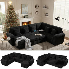 Modular Sectional Sleeper Sofa with Pull Out Bed, U Shaped 7 Seat Sectional Couches for Living Room, 110 Inch Sofa Bed with Armrest Pillows | Hidden Storage | USB Charging | Cup Holder, Black