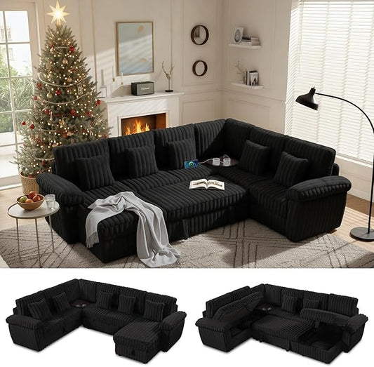 Modular Sectional Sleeper Sofa with Pull Out Bed, U Shaped 7 Seat Sectional Couches for Living Room, 110 Inch Sofa Bed with Armrest Pillows | Hidden Storage | USB Charging | Cup Holder, Black