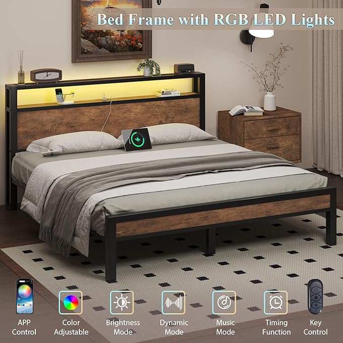Full Size Bed Frame with Storage Headboard, Industrial Platform Bed with Charging Station and LED Lights, Heavy Duty Metal Slats, No Box Spring Need, Noise Free, Rustic Brown