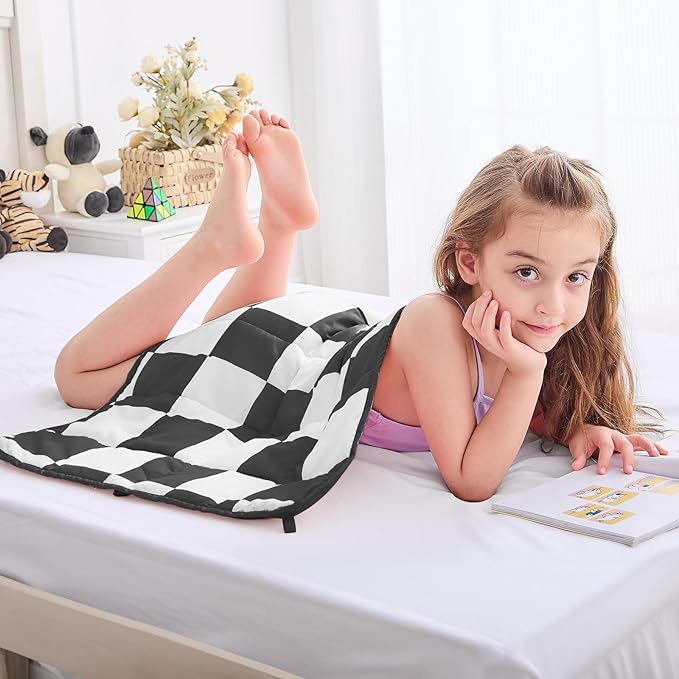 yescool Black Checkered Weighted Lap Pad 2 Pounds Cooling Weighted Lap Blanket, Plaid Small Weighted Blanket, Weighted Throw Blankets Gift for Travel Indoor Outdoor, 20"x30"