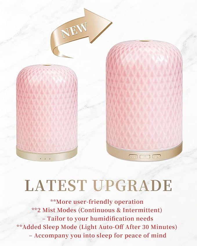 Essential Oil Diffuser for Home, 120ML Diffusers for Essential Oils Large Room, Ceramic Diffuser with USB Cable, Warm Ambient Light, Aromatherapy Diffuser Home Decor, Gift Choice, Pink