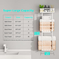 HapiRm Towel Rack Bathroom Storage - 3 Tier Over The Door & Wall Mounted Rolled Towel Racks Holder Organizer with Metal Shelf and 6 Hooks for Small Bathroom, Camper, Rv - White
