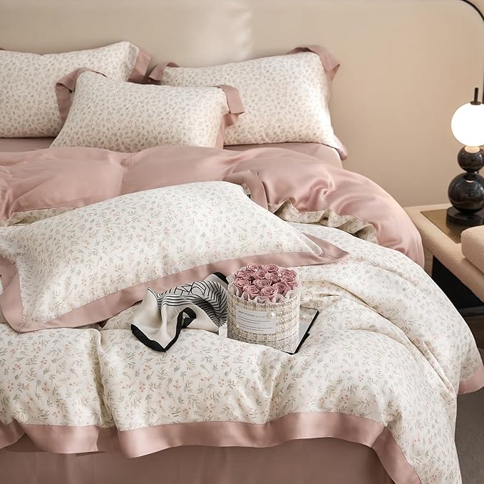 mixinni Pink White Floral Duvet Cover Twin XL Size Green Leaves Cute Flower Botanical Printed 100% Lyocell Duvet Cover Set Reversible Design Cooling Bedding for Women Girls
