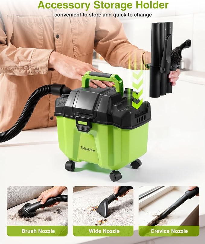 Cordless Shop Vac, 2.6 Gal 2x4.0Ah Battery Powered Shop Vac, 3-in-1 Cordless Shop Vacuum Wet and Dry with Strap, 4 Wheels, Accessory Storage Holder, Ideal for Garage, Car, Workshop