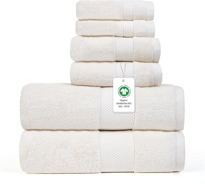 Farm to Home 100% Organic Bath Towel Set of 6 – GOTS & Oeko-TEX Certified Organic Cotton, Soft, Ultra Absorbent, Quick Dry - Includes 2 Bath Towels, 2 Hand Towels, 2 Washcloths - Pearl