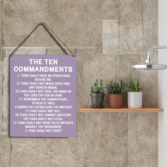 YCYD Ten Commandments Decor,10 Commandments Desk Poster, Christian Bible Verse Decor Religious Home Rustic Wooden Box Sign for Living Room Bedroom Office 10 x 8 Inches Purple