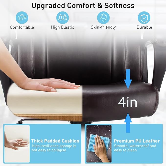 POWERSTONE Leather Executive Chair with 4in Thickened Cushion, Ergonomic Mid Back Office Desk Chair with Soft Padded Armrests for Home, Study and Office(Brown)