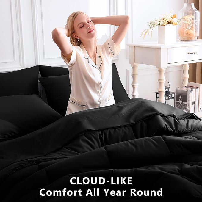 CozyLux Oversized Queen Comforter Sets Black, 7 Pieces Bed in a Bag, Ultra-Soft All Season Bedding Sets with Stitch Quilted Comforter, Flat Sheet, Fitted Sheet, Pillowcases, Black