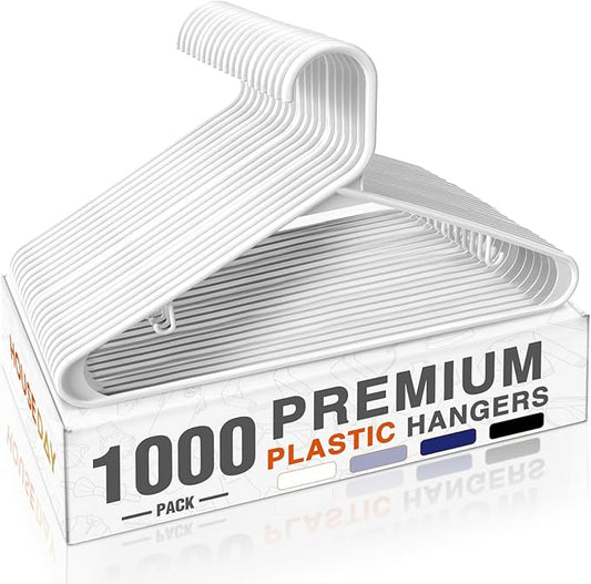 HOUSE DAY 1000 Pack Plastic Clothes Hangers, Commercial Bulk Shipment for Business, Sturdy Durable Lightweight Hanger White Ideal for Retail Dry Cleaners Warehouses, Save Cost & Warehouse Space