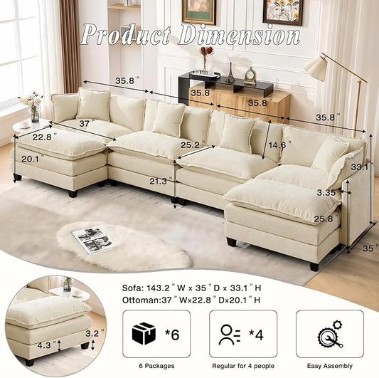 SoarFlash 149.61" Chenille Sectional Sofa, Comfy U Shaped Modular Coush Sofa with Ottoman, Modern 4 Seat Couch Deep Seat Sofa Set for Living Room,Beige
