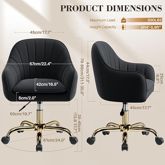 Vanity Chair with Wheels, Comfy Home Office Desk Chairs Adjustable Modern Velvet Makeup Vanity Chairs for Bedroom Living Room-Black