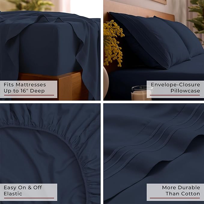 Mellanni Twin XL Sheet Set - 4-Piece Iconic Collection Bedding, (Including 2 Pillowcases), 16-Inch Deep Pocket, Easy Care, Extra Soft, Cooling Sheets, Brushed Microfiber - Navy Blue