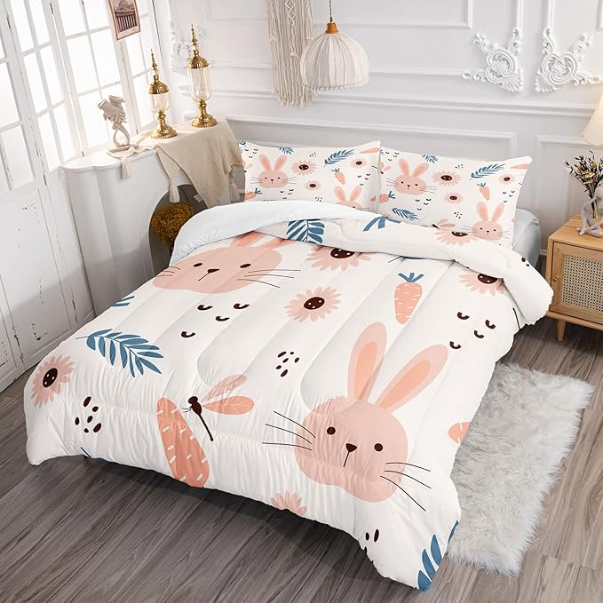 CVHOUSE Kawaii Bedding Twin Size, Cute Rabbit Comforter Set, Girls Room Decor 3 Pieces