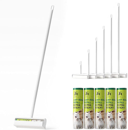 9.5'' Large Lint Roller for Pet Hair with 6 Extendable Handle and Dust-Proof Cover * 5 Refills 300 Sheets, Long Handle Lightweight Extra Sticky Heavy Duty Mop for Cleaning Carpet Floor