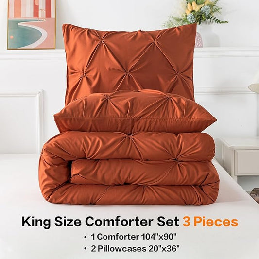 Andency Burnt Orange Terracotta King Size Comforter Set, 3 Pieces Pinch Pleat All Season Bedding Set, Soft Lightweight Microfiber Down Alternative Comforter Bed Set