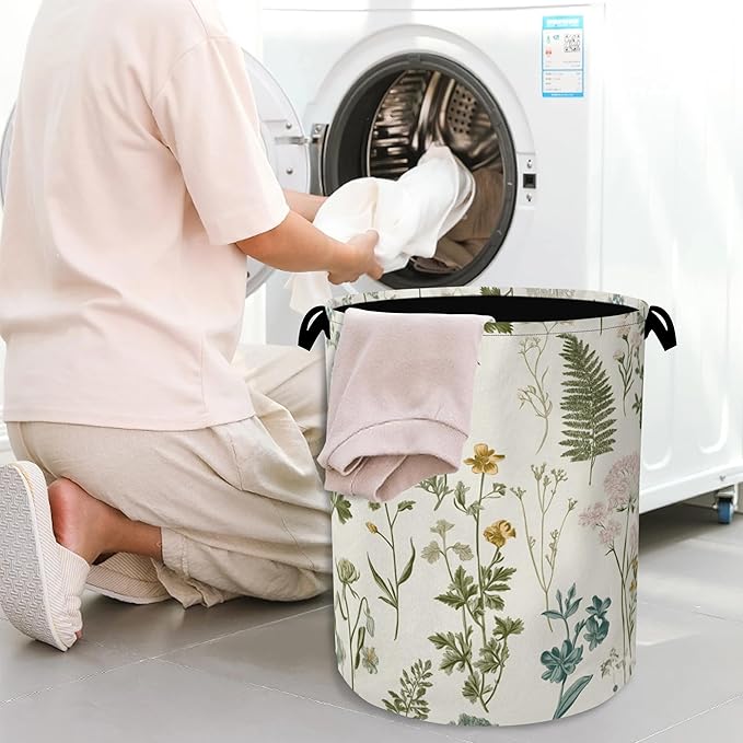 Wildflowers Herb Laundry Basket,Plants Botanical Oxford Cloth Laundry Hamper with Handle Foldable Portable Clothes Storage Basket for Bathroom Bedroom Dorm Room 16" x 20.8"