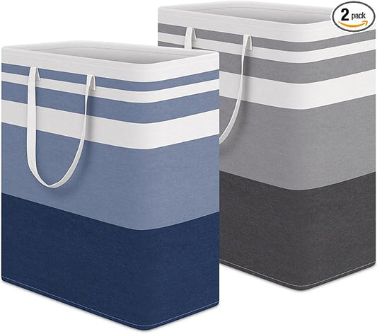 HomeHacks 2 Pack Large Laundry Baskets, Waterproof, Freestanding Laundry Hampers, Collapsible Clothes Hamper with Reinforced Handles in Laundry, College Dorm, Bathroom, Bedroom (Grey+Blue, 100Lx2)