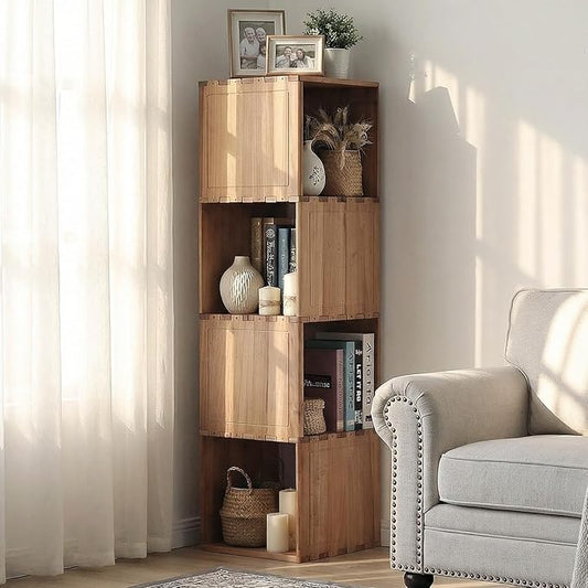 Solid Wood Corner Shelf, Square Bookcase Cube Tower, Stationary Shelves - Sturdy Freestanding Organizer for Beside TV Stand&Room Corners, Storage Display for Small Spaces, Rustic Brown, 4-Tier