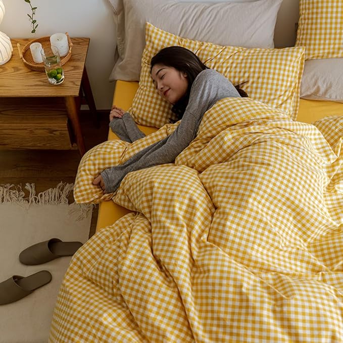 VM VOUGEMARKET Yellow Gingham Duvet Cover Set Queen 3 Pieces Plaid Duvet Cover with Zipper Ties 2 Pillowcases 100% Washed Cotton Modern Luxury Bedding Set (Queen,90"x90")