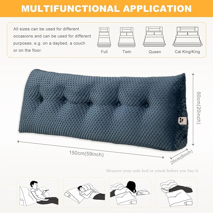 Large Triangular Headboard Wedge Pillow Soft and Supportive Headboard Backrest Positioning Support Bolster Cushion, Bed Wedge Pillow with Removable Cover(Dark Blue,Queen,59x8x20inch)