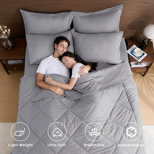 HEVUMYI Light Grey Queen Comforter Set - 7-Piece All Season Bed in a Bag Queen, Ultra Soft Bedding Set with Comforter, Flat Sheet, Fitted Sheet, Pillowcases, Pillow Shams, Light Gray