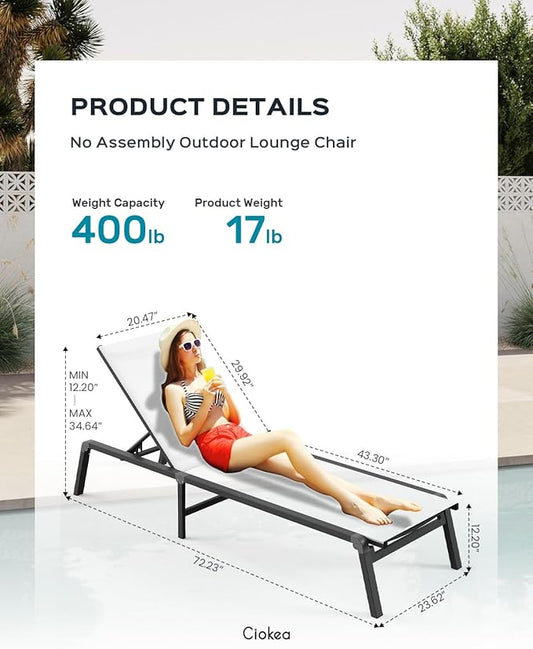 Aluminum Chaise Lounge Ourdoor - Foldable & Assemble Free Outdoor Lounge Chair with 5 Adjustable Backrest, Patio Lounge Chair for Outside Poolside Beach Pool, White