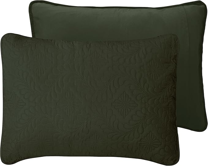 Easy-Going King Size Reversible Quilt Set with 1 Quilt and 2 Pillow Shams, Soft Bed Quilt Cover, Water Resistant Lightweight Microfiber Bedspread, Stain Resistant, Olive Leaf-Army Green/Beige