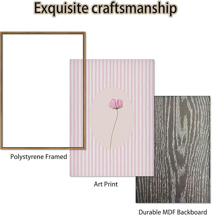 KISSFOX 3 Piece Framed Wall Art Botanical Wall Decor Pink Floral Pictures Wildflower Canvas Art Striped Minimalist Paintings Boho Artwork For Girly Room Bedroom Apartment Dorm Living Room