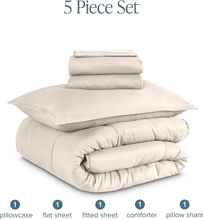Bare Home Bed-in-A-Bag 5 Piece Comforter & Sheet Set - Twin XL - Goose Down Alternative - Ultra-Soft 1800 Premium Bed Set (Twin XL, Sand/Sand)